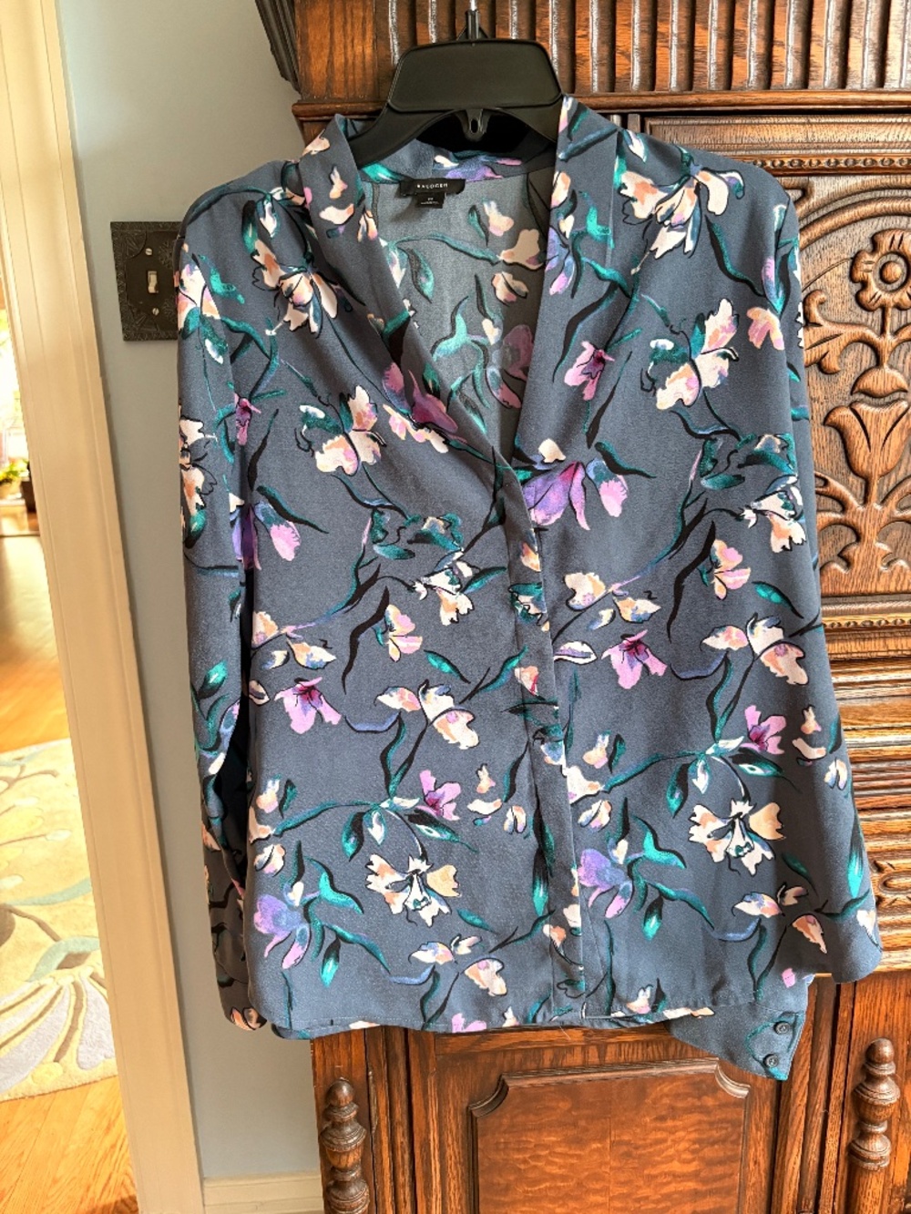Halogen Blue Gray Floral Blouse Shirt Top in Size Medium